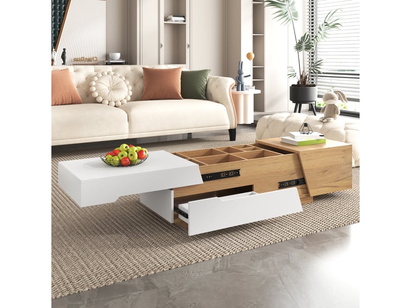  Table basse - table de salon multifonction avec plateau extensible et compartiment de rangement, mdf blanc et bois, 120x50x37,5 cm  - Conforama B