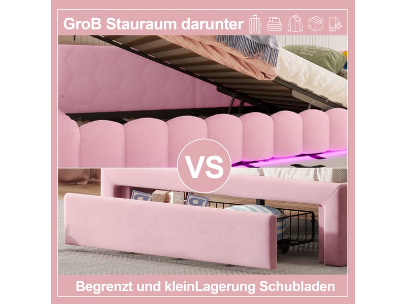 Lit banquette 90x200 rose avec éclairage led - lit coffre hydraulique velours avec ports usb - Conforama E