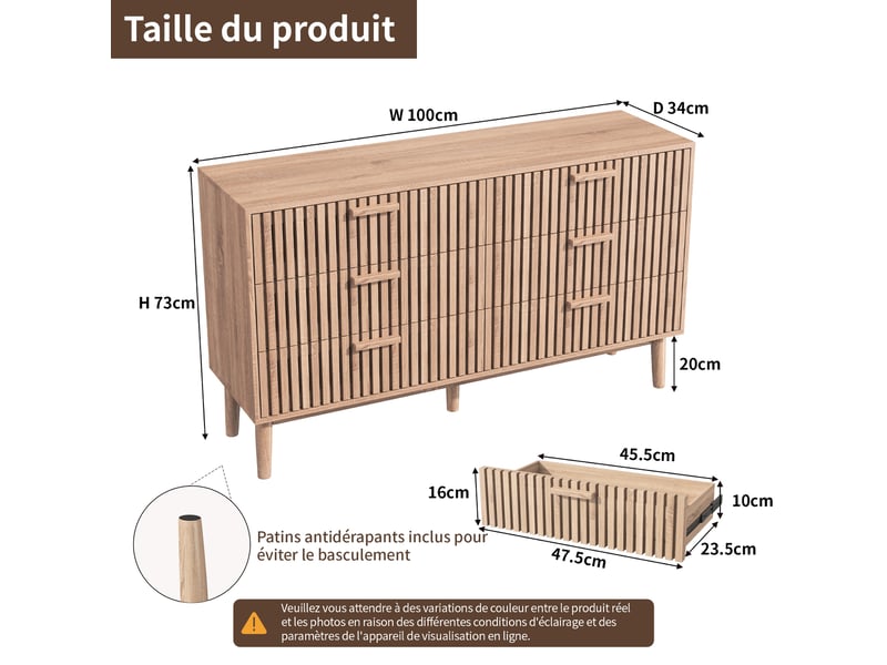  Commode 6 tiroirs 100x34x73cm, cadre mdf pieds pin massif, couleur naturelle, meuble rangement pour chambre salon couloir  - Conforama C