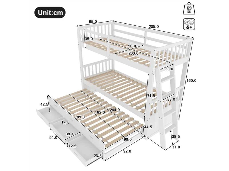 Lit superposé enfant 90x200 lit cabane blanc avec lit gigogne et 3 tiroirs, cadre en bois de pin massif, sécurité optimale. - Conforama C