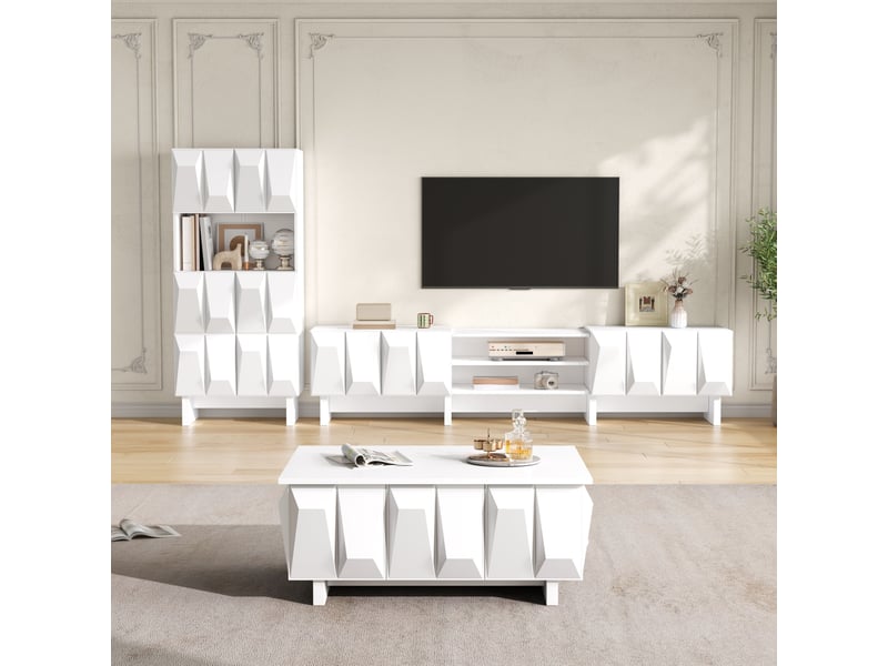 Meuble tv avec vitrine et table basse, façades géométriques 3d, rangements ouverts et fermés, pour salon, blanc - Conforama C