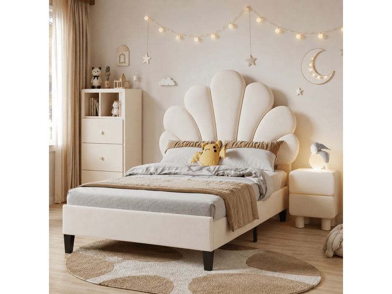  Lit rembourré 90x200cm cadre de lit simple avec tête de lit en forme de fleur et sommier à lattes lit enfant pour adolescente beige velours  - Conforama E