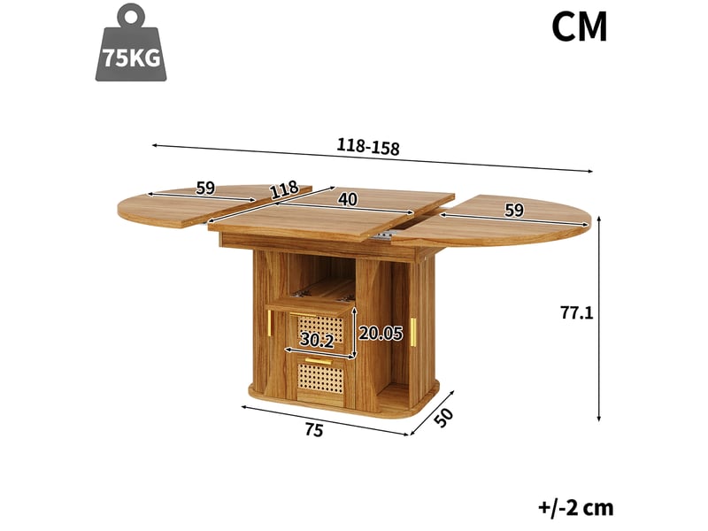  Table de salle à manger extensible 118-158x118x77,1 cm avec rangement intégré, tiroirs rotin et finition bois, mdf, marron Sol Morn - Conforama C