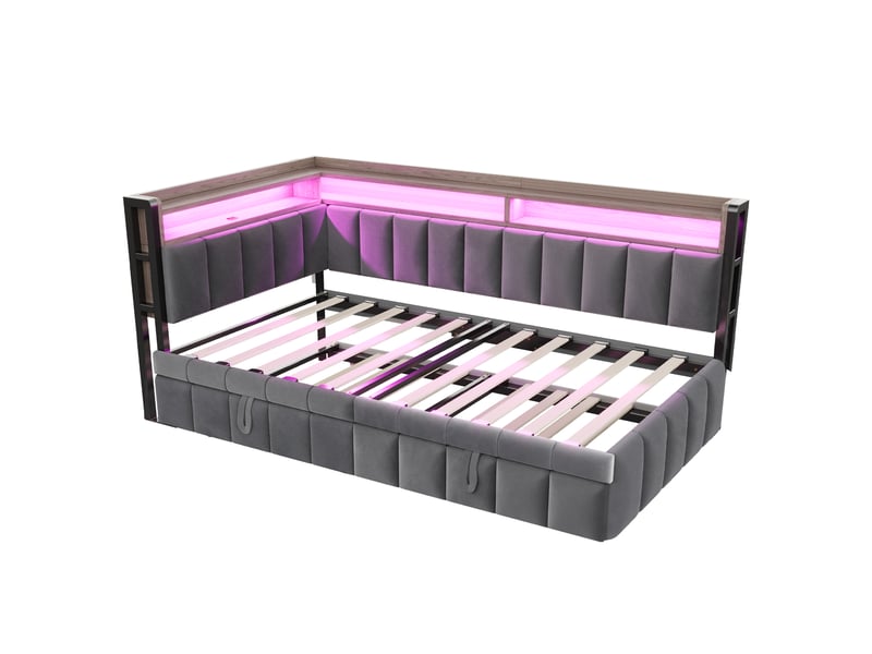 Canapé-lit convertible 90x200 cm avec lit gigogne escamotable, led et ports usb-c, rangements, velours gris foncé, sans matelas - Conforama W