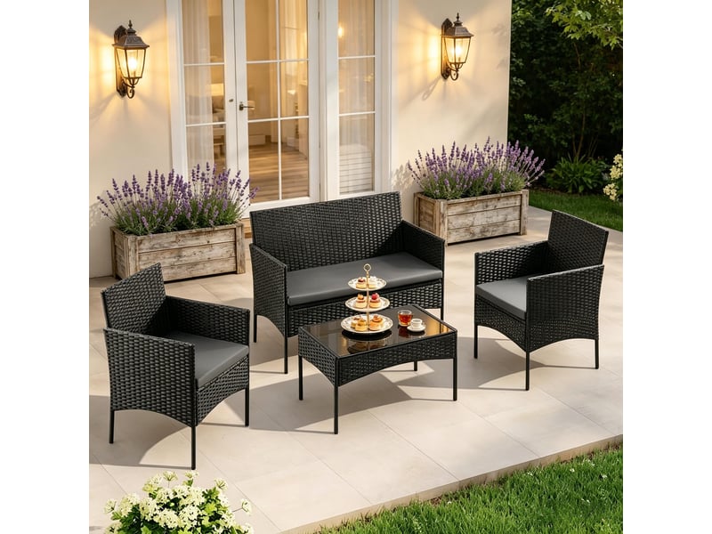  Salon de jardin avec canapé 2 places, 2 fauteuils et table basse, coussins amovibles, en rotin noir  - Conforama B