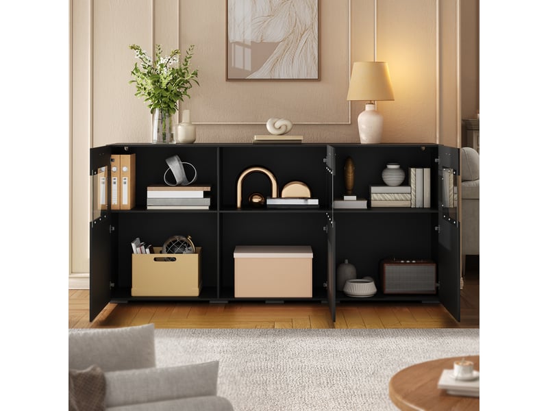  Buffet 3 portes avec led pilotée par application et vitrine en verre pour salon 160×38×78 cm noir  - Conforama B