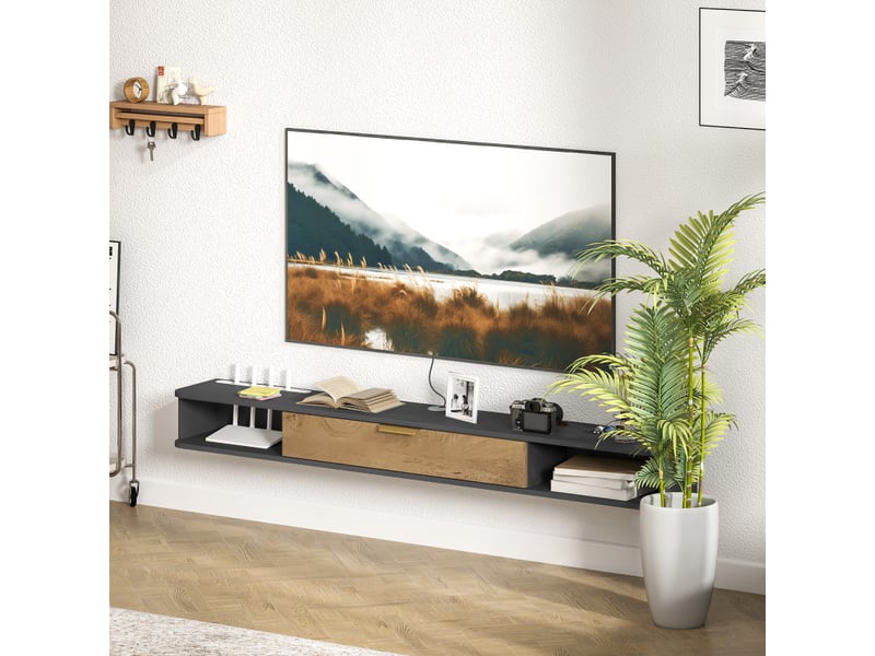  Meuble tv aruelelle suspendu design niches porte relevable gris charbon  - Conforama D