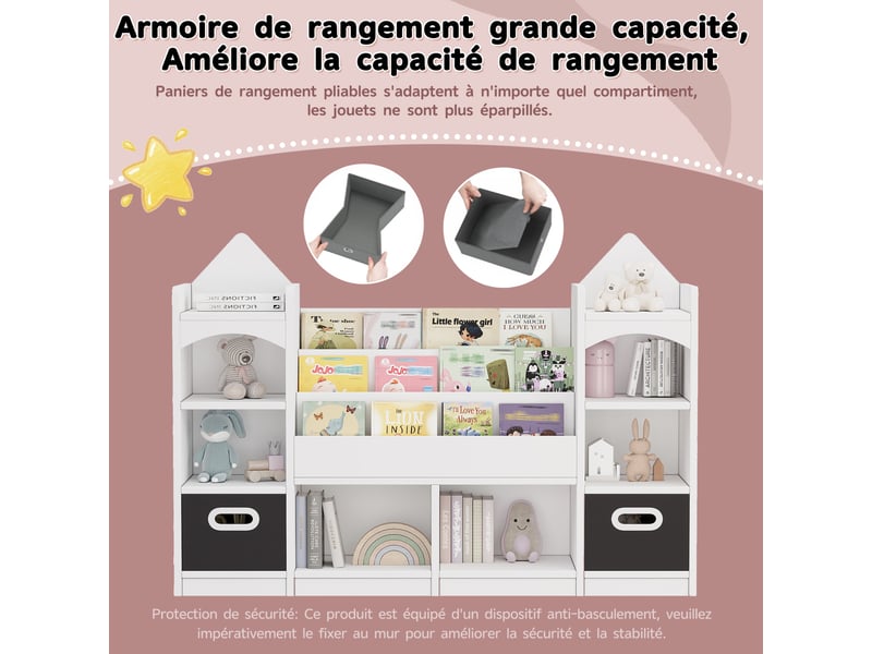  Bibliothèque enfant 130x30x90 cm, rangement, 2 boîtes pliables, salon, bureau et chambre, style château, mdf, blanc  - Conforama E