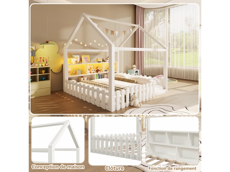  Lit cabane enfant 140x190 cm - design maison avec barrières, rangement intégré, led, structure en pin et mdf blanc  - Conforama D
