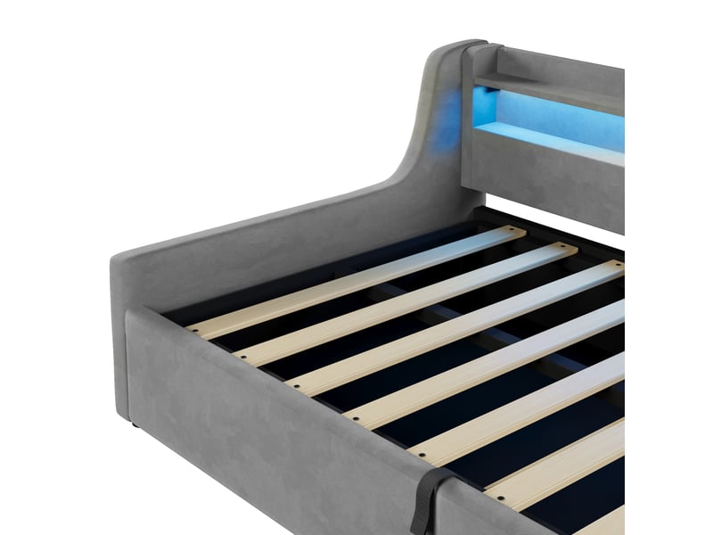  Lit jeune 90x200 cm, avec coffre hydraulique et tête de lit led, design moderne, flanelle, couleur gris, sans matelas  - Conforama E