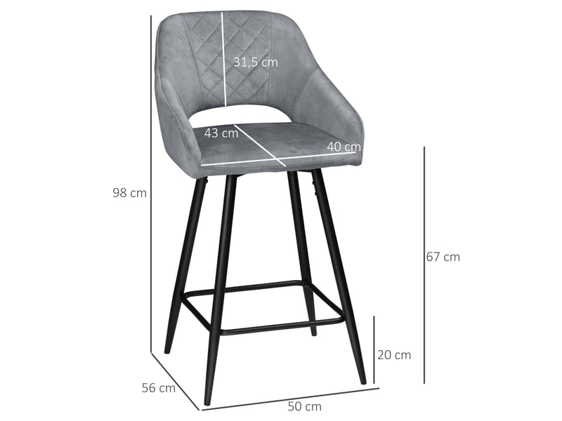  Ensemble de 2 tabourets de bar style rétro, aspect velours, avec repose-pieds, 50 cm x 56 cm x 98 cm, gris  - Conforama E