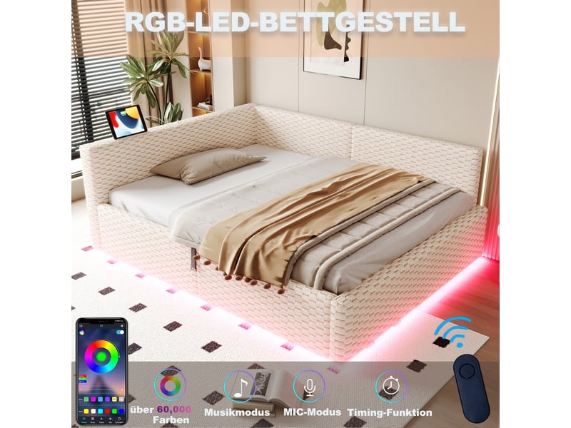  Lit capitonné 140 x 200 cm beige, led, usb type-c, relevage hydraulique, sans matelas.  - Conforama D