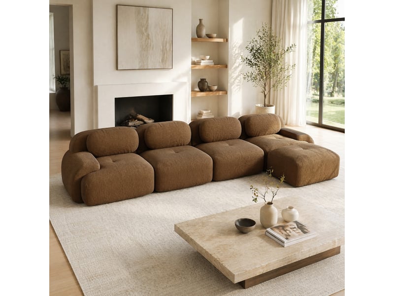 Canapé d'angle modulable ulevr 4 places avec méridienne droite, sans montage, velours côtelé marron 388 x 178 x 70 cm  - Conforama B