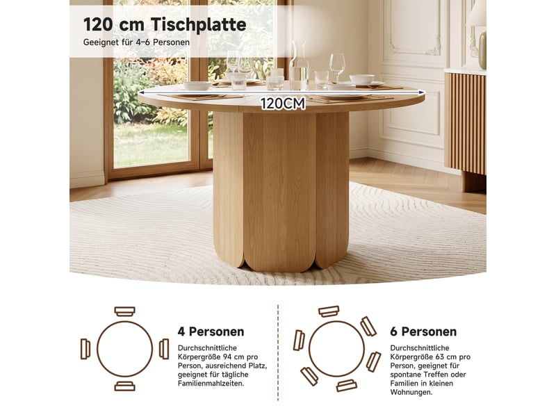  Table à manger ronde,120x120x75 cm,4 à 6 personnes,mdf,coloris chêne clair  - Conforama E