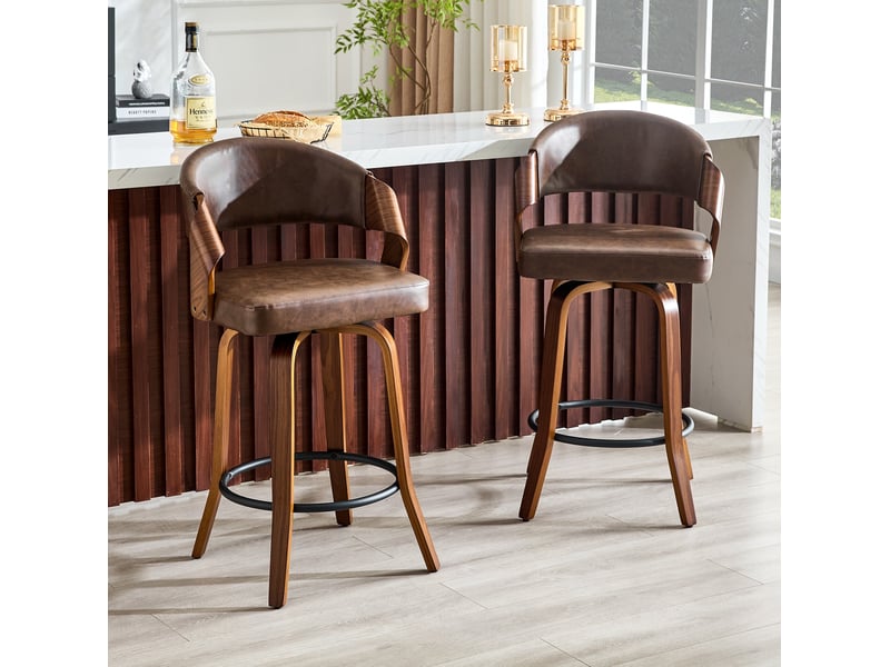  Lot de 2 tabourets de bar avec dossier incurvé en bois, assise rembourrée et repose-pieds, marron  - Conforama D