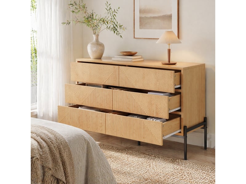  Commode 6 tiroirs façade géométrique 3d avec rangement - lpospi - coulisses silencieuses, pieds métal, mdf - naturel  - Conforama C