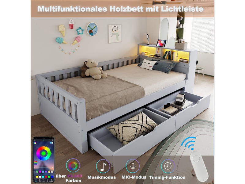  Lit enfant multifonctionnel 90x200 cm - lit simple avec rangement, 2 tiroirs, étagères, led et prises - gris  - Conforama D