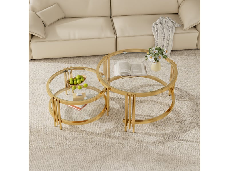  Lot de 2 tables basses gigognes 80×80×45 + 60×60×33,5 cm, plateau de table en verre, cadre en métal - doré + transparent  - Conforama B