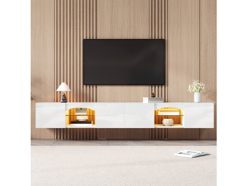 Meuble tv 200x30x28 cm blanc brillant avec led, 4 portes et 2 niches - Conforama B