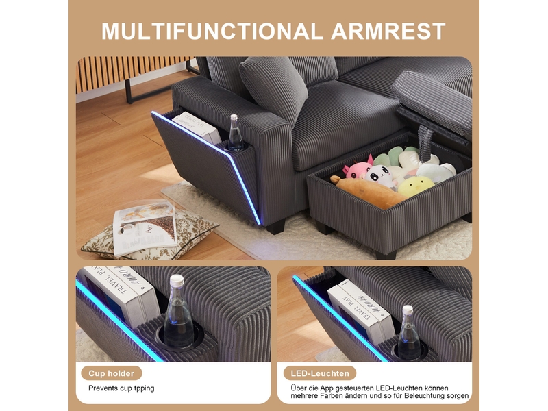 Canapé modulable canapé d'angle 4 places en velours côtelé avec 2 poufs de rangement lampe de lecture ports usb - gris - Conforama E