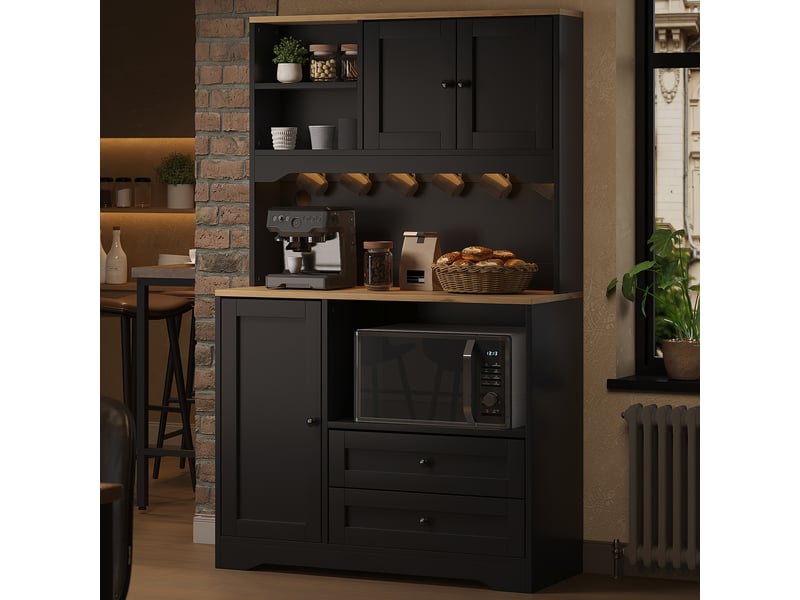  Meuble de cuisine muvano noir, buffet haut de 163 cm avec led, prises et niche micro-ondes  - Conforama D