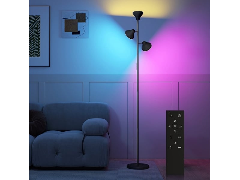  Lampadaire à 3 têtes orientables 25 x 25 x 170 cm – noir – rgb, variateur tactile et télécommande rf  - Conforama B