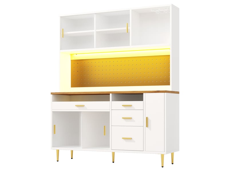  Meuble de cuisine muvano, buffet haut blanc avec éclairage led, portes vitrées coulissantes, 145 cm  - Conforama A