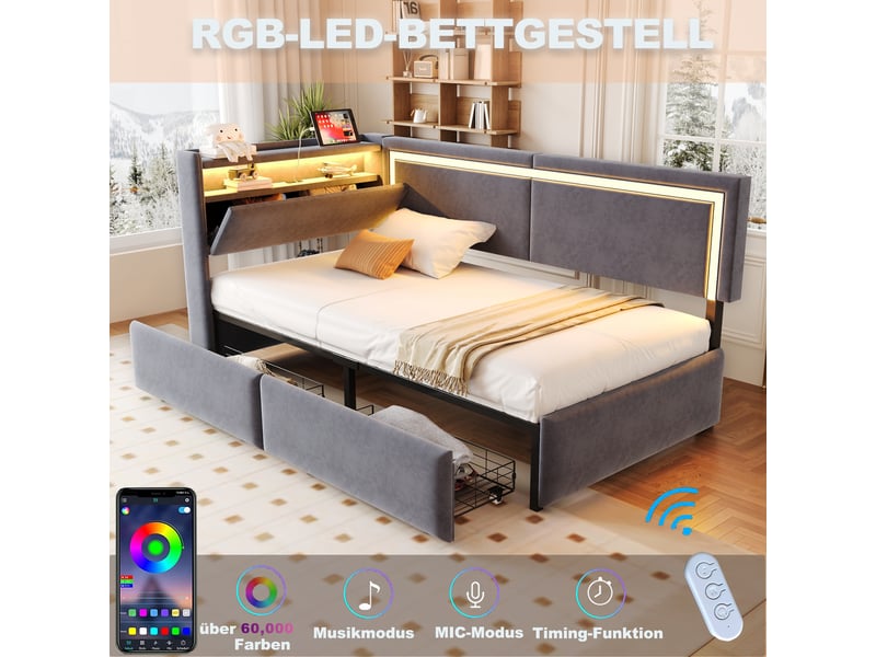  Canapé-lit 90x200 cm avec éclairage led et port usb, lit simple avec tête de lit en velours et tiroirs de rangement, gris foncé  - Conforama R