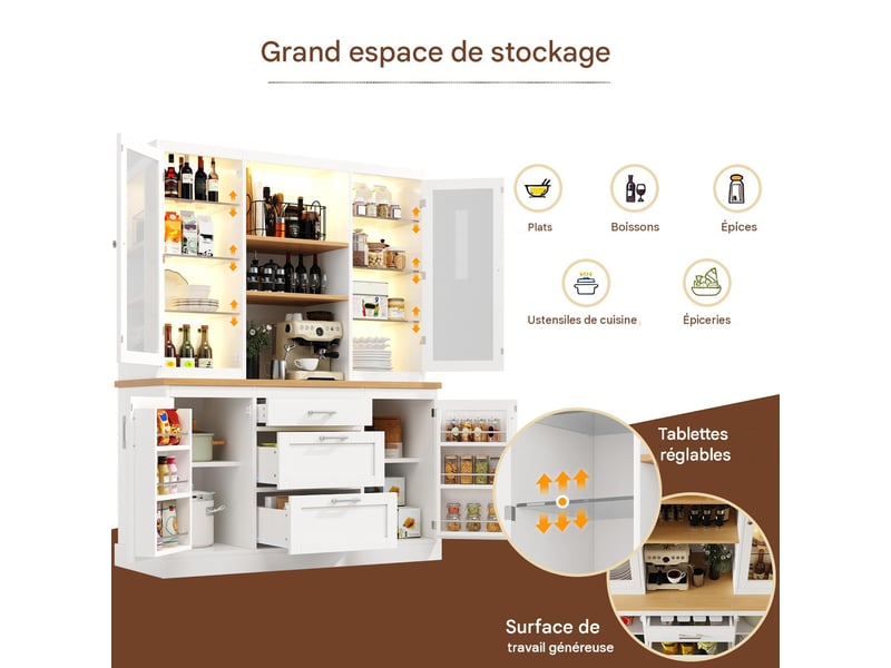  Buffet de cuisine avec éclairage led et tiroirs en mdf blanc 140x40x185 cm - pangivo  - Conforama E