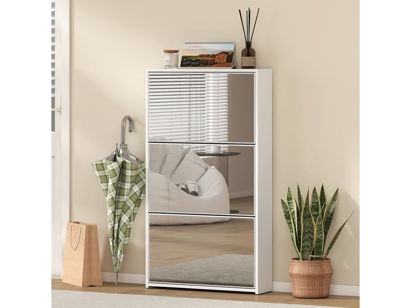  Meuble à chaussures 9 paires, armoire à chaussures étroite, 3 tiroirs rabattables et portes miroirs, 65x17x114,5cm blanc  - Conforama C