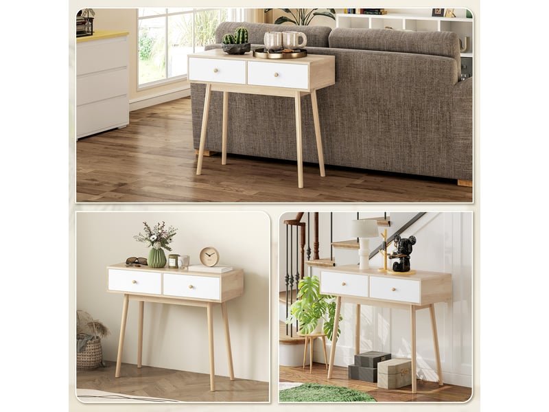  Table console avec 2 tiroirs et pieds en bois, pour salon, entrée, couloir, chêne et blanc, 86 x 35 x 75 cm  - Conforama W