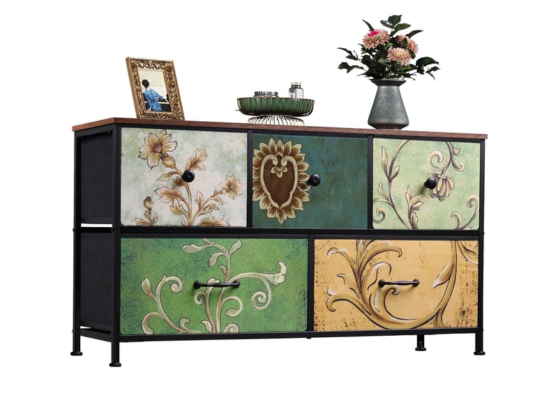  Commode 5 tiroirs, commode de rangement, tissu floral,structure en métal,pour salon, chambre, style bohème,100 x 30 x 55 cm  - Conforama A
