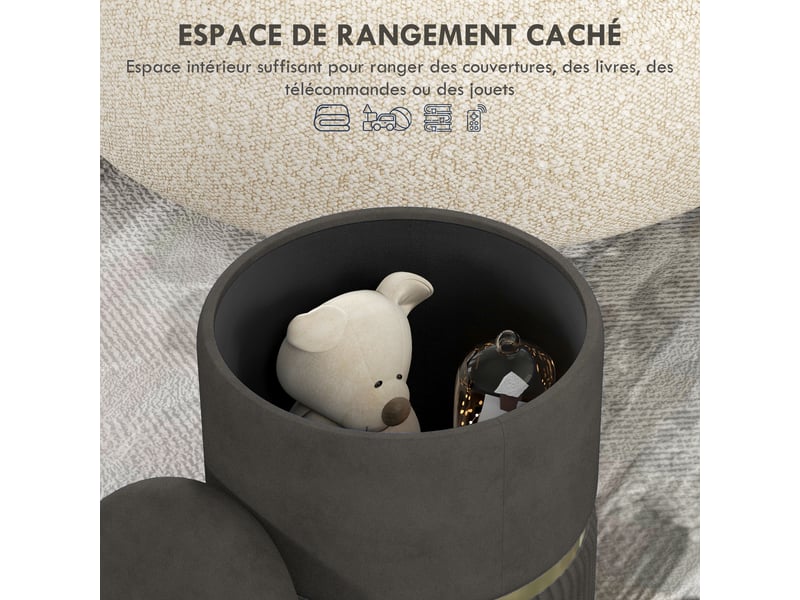  Pouf tabouret repose-pied coffre de rangement en velours côtelé pour salon chambre gris 36 x 36 x 44 cm  - Conforama D