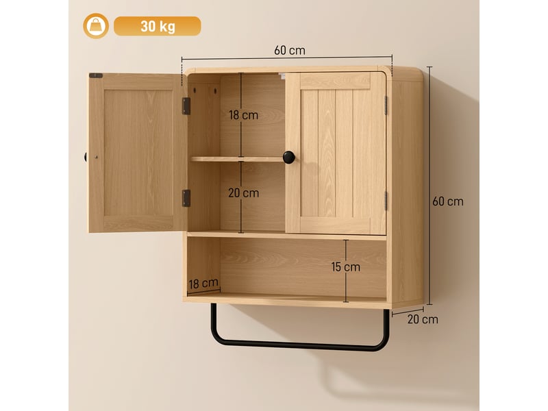  Armoire murale de salle de bain, meuble de rangement suspendu avec 2 portes, porte-serviettes, étagère ouverte, chêne  - Conforama C