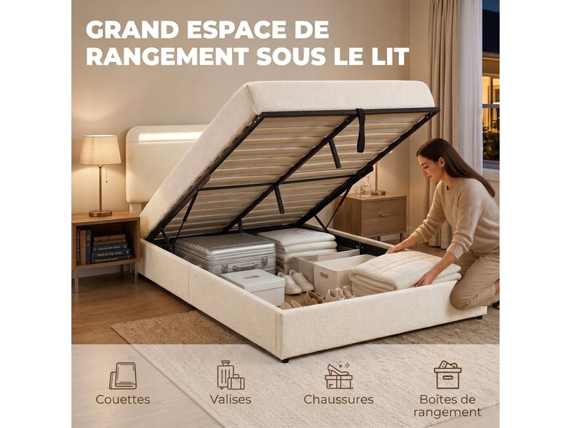  Lit coffre 140 x 190 cm, led rgb, tête réglable, cadre de lit double rembourré velours, rangement hydraulique, crème  - Conforama D