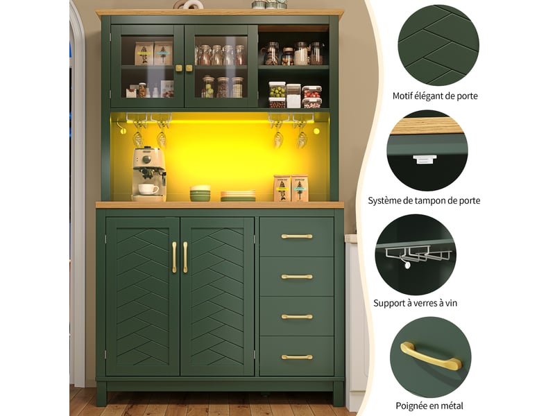  Meuble de cuisine muvano, buffet haut de cuisine vert avec 4 portes et éclairage led  - Conforama E