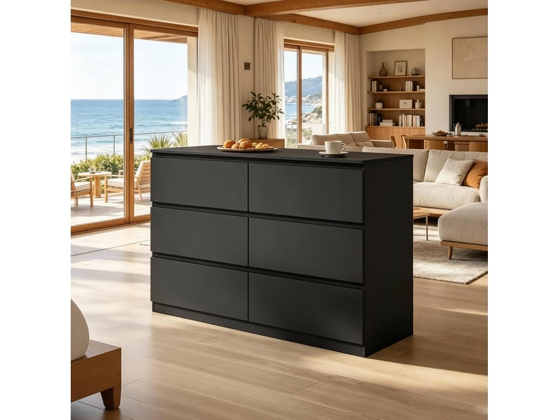  Commode moderne avec 6 tiroirs, pour salon chambre et entrée, en bois d'ingénierie, noir, 120 × 40 × 75 cm  - Conforama C