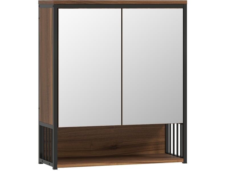  Armoire de toilette murale 56x20x65 cm – marron – 2 portes miroir à fermeture douce et rangement ouvert  - Conforama A