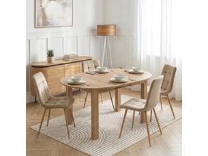 Table à manger ronde extensible couleur bois clair pieds métal noir