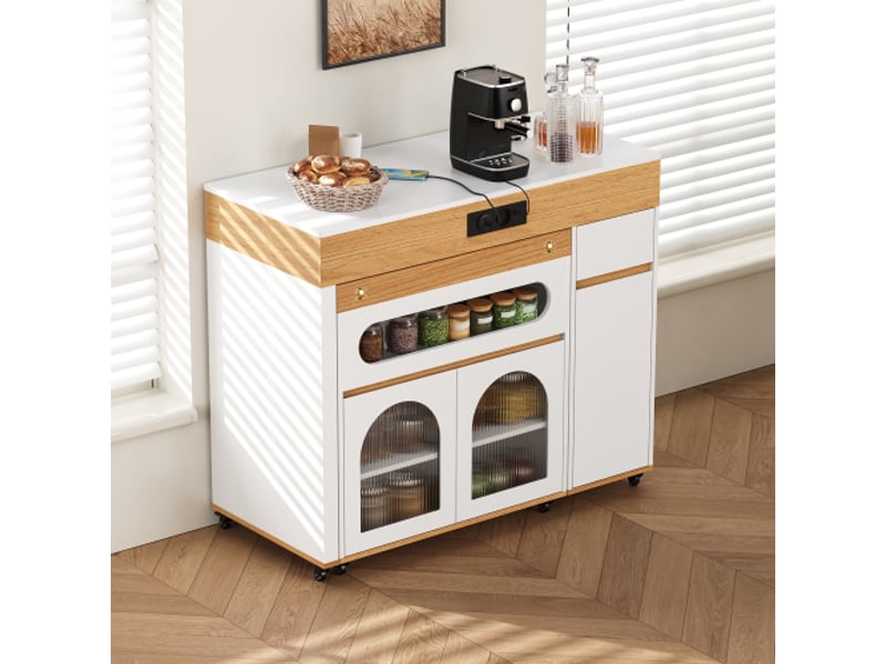 Îlot de cuisine sur roulettes – table extensible, verre strié, multiprises, buffet avec tiroir – blanc et naturel - Conforama D