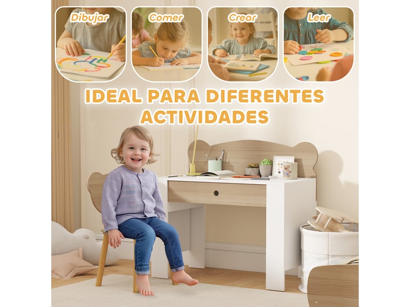  Bureau enfant avec chaise ours et tiroir, pour lecture et étude. Bureau 80x41x74,5cm, chaise 32,5x38x59cm.  - Conforama E