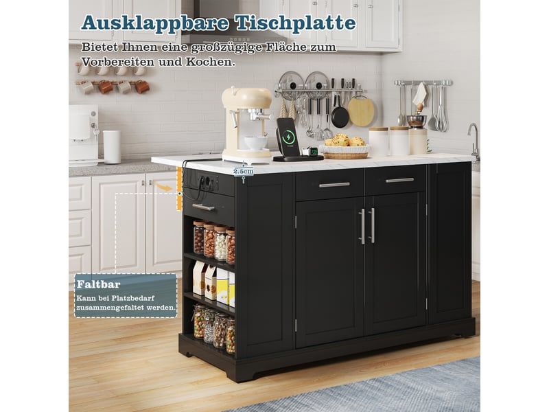  Îlot de cuisine avec plateau rabattable roulettes et prises noir effet marbre 138 cm N635P4799525354S - Conforama D