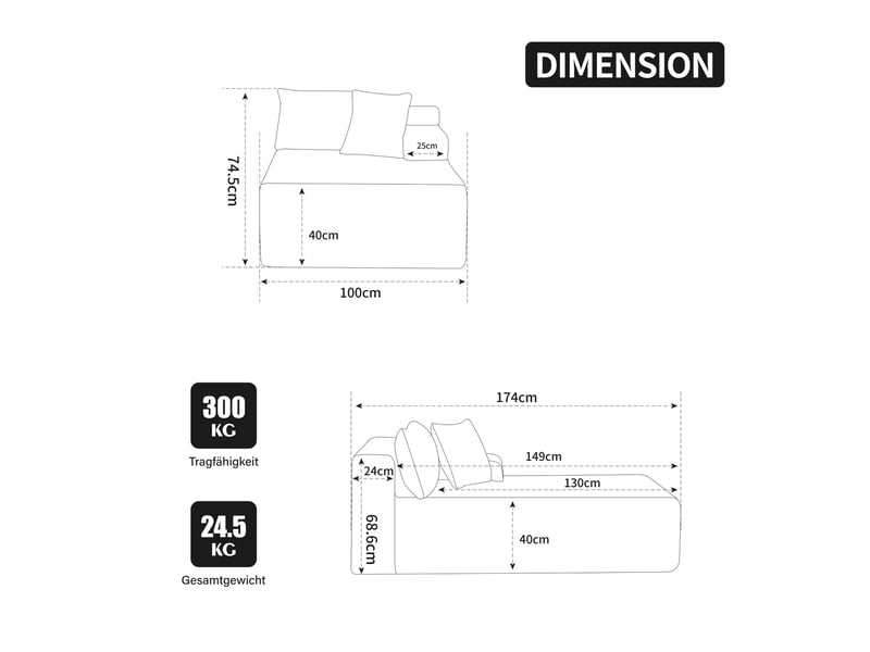 Canapé modulable 1 place en chenille gris avec méridienne - Conforama E