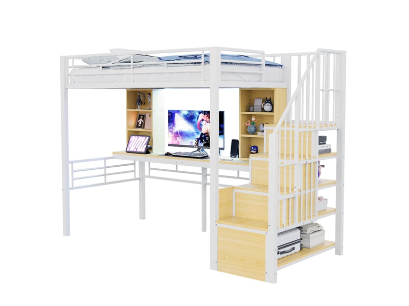 Lit mezzanine enfant 90x200 cm – blanc – bureau intégré, escalier réversible, rangements et led - sans matelas - Conforama A