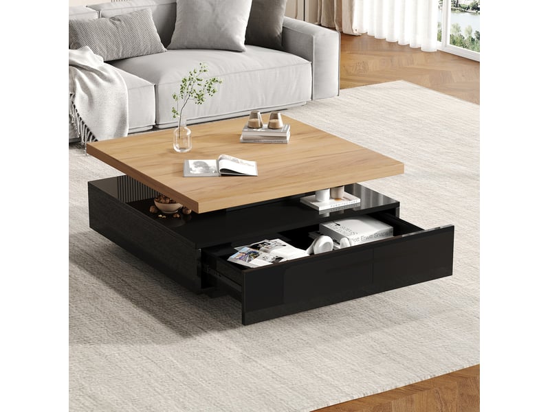  Table basse pivotante à 360° avec tiroir caché et niche ouverte pour salon, noyer et noir, 70 × 70 × 36 cm  - Conforama C