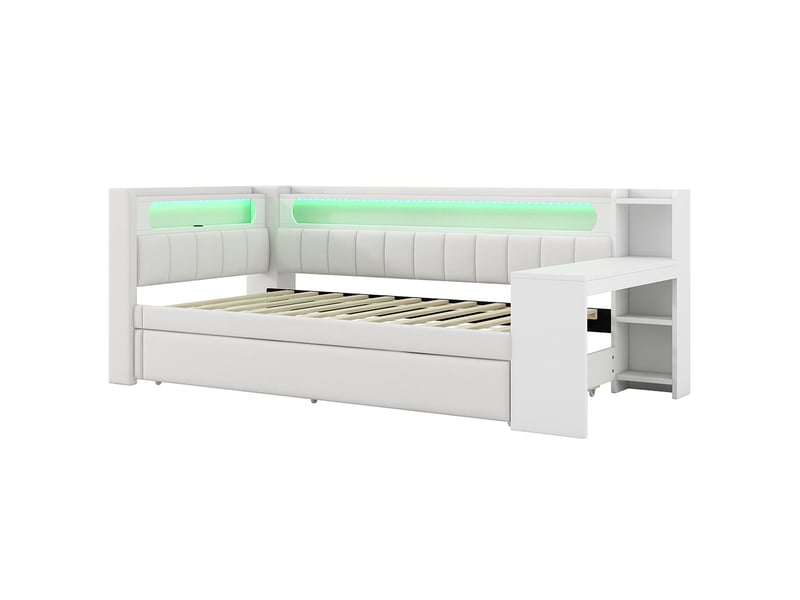 Canapé-lit rembourré 90 x 200 cm avec port usb et bande led, avec lit gigogne et bureau, tissu lin, blanc - Conforama D