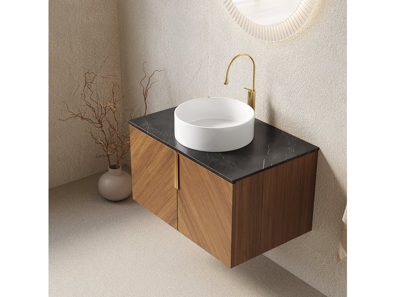 Meuble rangement salle de bain 76 cm 2 portes vasque ceramique pierre frittee homvra - Conforama D