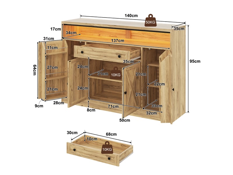  Buffet bas 140x35x95 cm bois naturel avec led rgb, 4 portes style grange, tiroir, étagères de rangement, meuble cuisine salle à manger moderne  - Conforama D