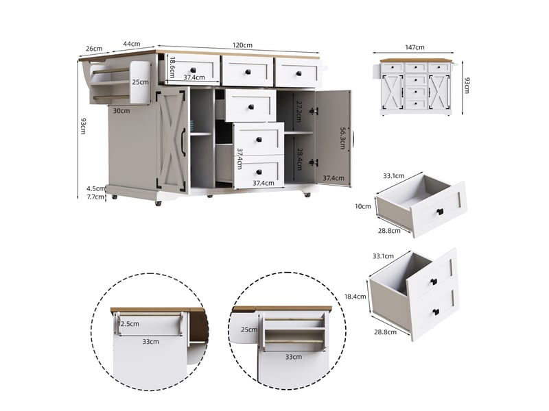  Îlot de cuisine pliant 147 x 70 x 93 cm blanc en mdf et métal, table et rangement pour petits espaces  - Conforama C