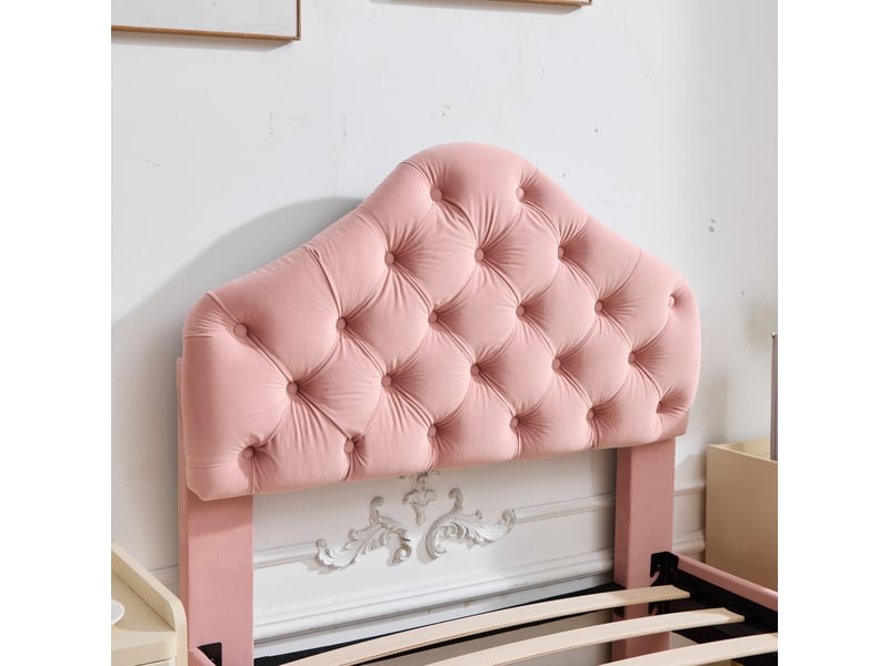  Lit simple 90x200cm en velours rose - tête de lit réglable en forme de nuage, lattes en bois massif  - Conforama E